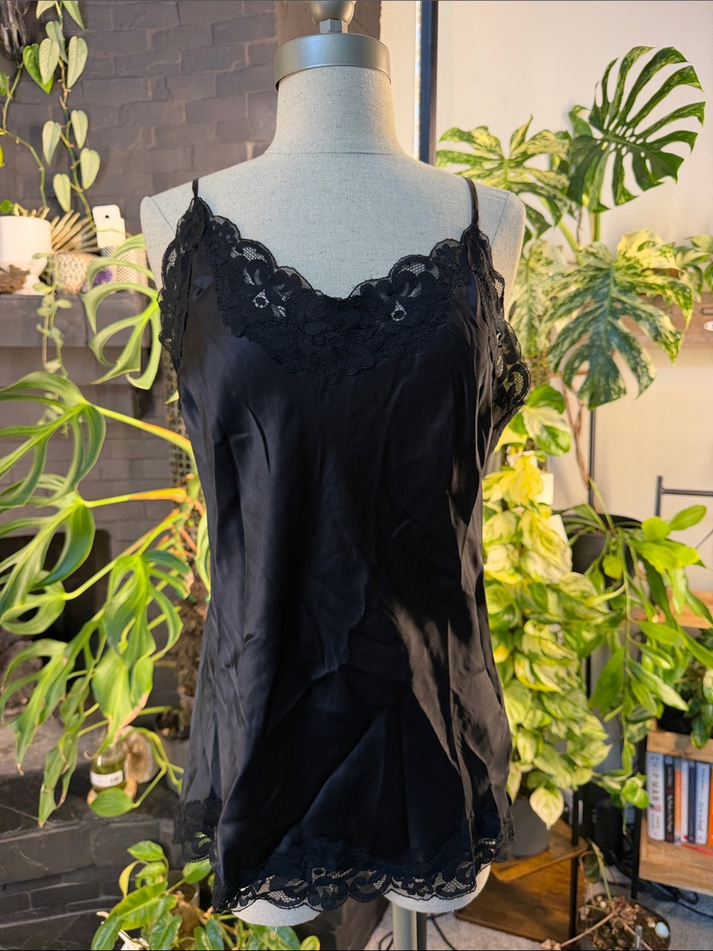 Women's Black Satin Lace Trim Chemise